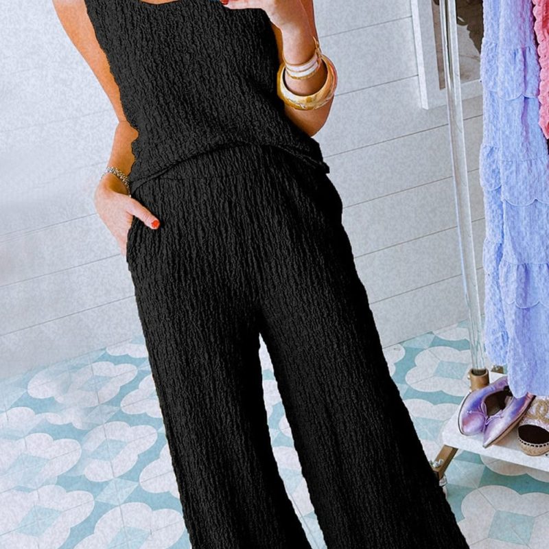 Black Textured U Neck Tank Top and Wide Leg Pants Lounge Set