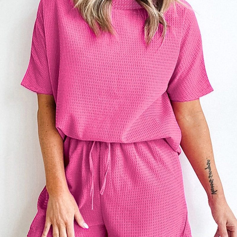 Rose Red Waffle Knit Short Set for Valentine's Day