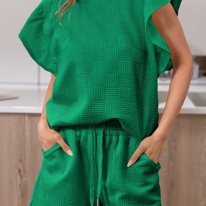 Vibrant Green Textured Ruffle Sleeve Top and Shorts Ensemble
